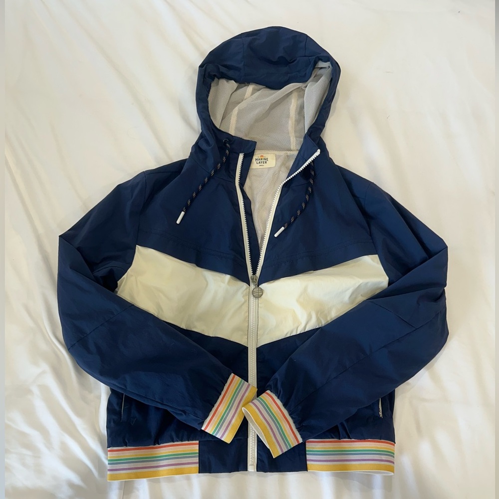 Marine Layer Navy and Cream Jacket with Rainbow Cuffs size small